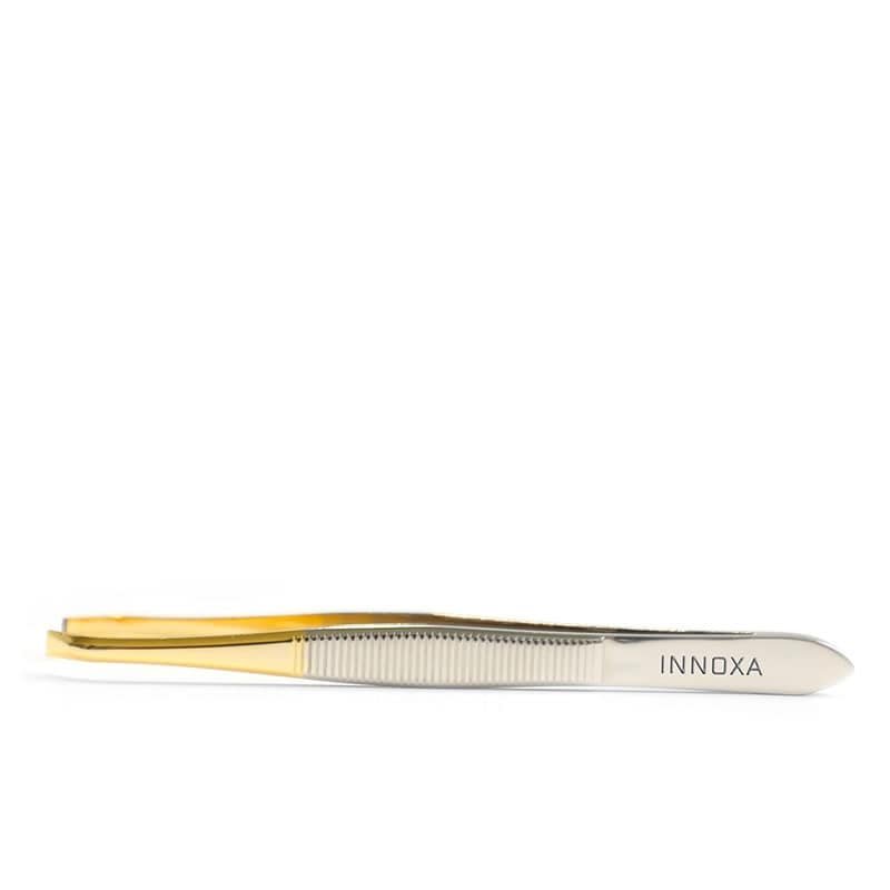 INNOXA VM-T04G, oceľová pinzeta zakrivená, skosená, zlatá/strieborná, 8,9cm