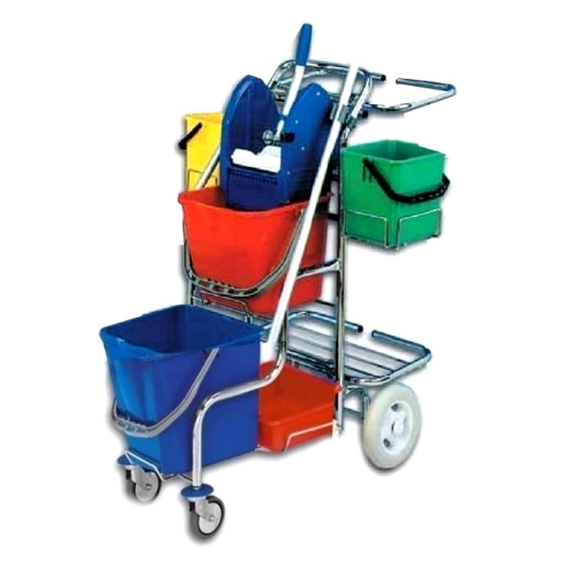 E-shop Servisný upratovací vozík 2x6L a 2x17L vedrá, chrómová konštrukcia, žmýkací lis, držiak a podpera na vrece, vanička