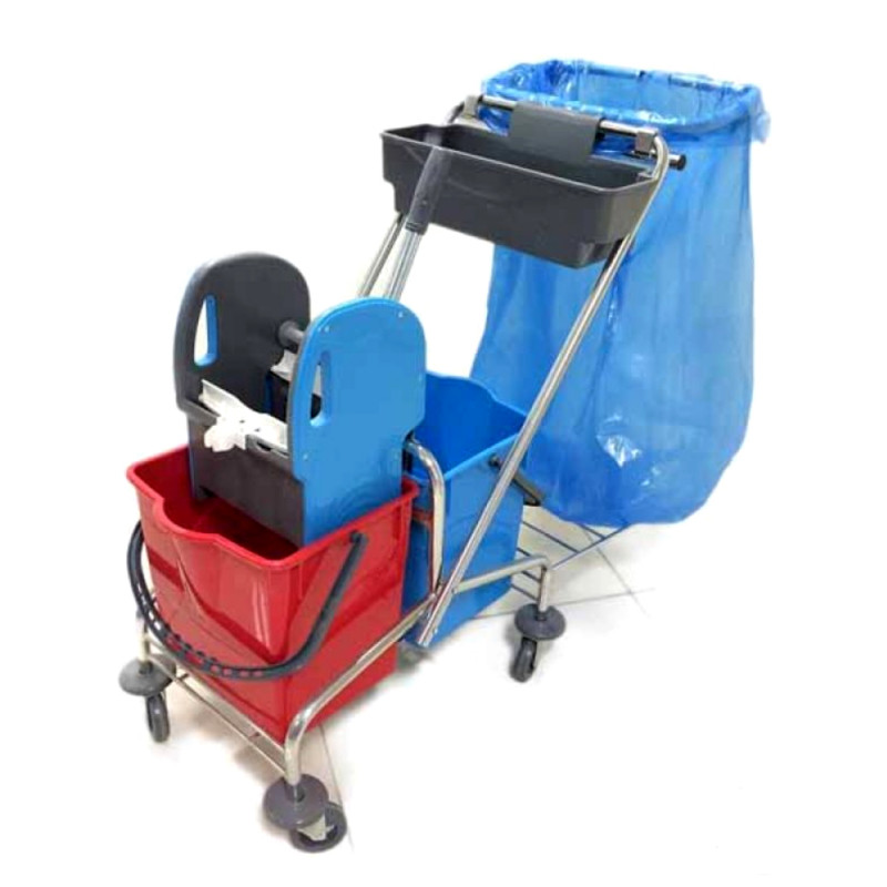 E-shop Upratovací vozík 2 x 18l vedrá, chrom. konštrukcia , žmýkací lis, vanička, držiak na smeti