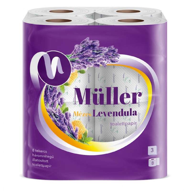 E-shop Toaletný papier Müller Med a Levanduľa 100% celulóza, 3vrst., 8 ks