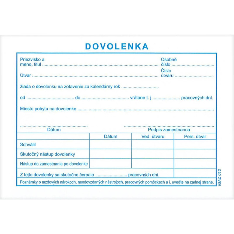 E-shop Tlačivo Dovolenka A6, 100 listov
