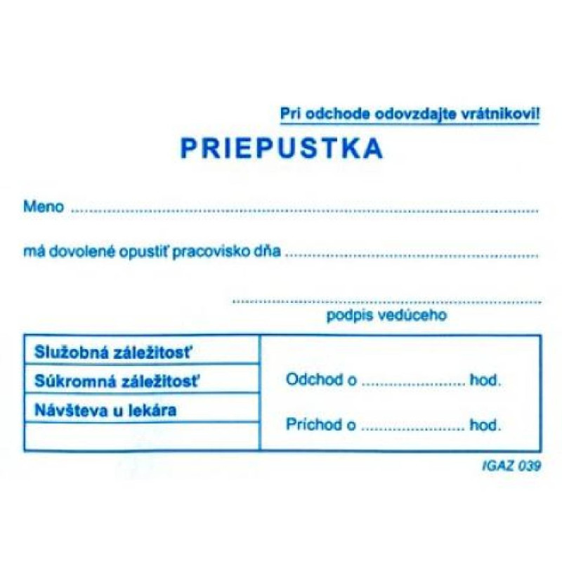 E-shop Tlačivo Priepustka A7, 100 listov